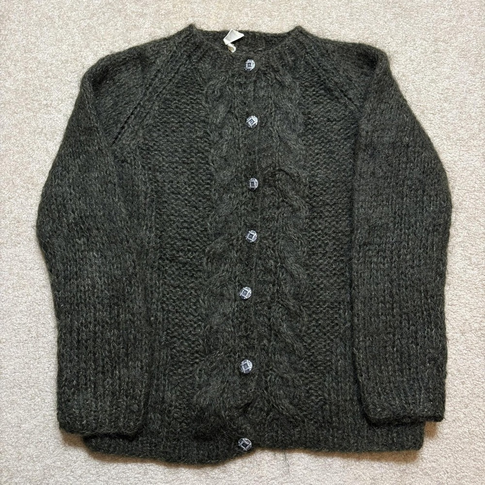 Vtg Mohair Cardigan Sweater Womens M Green Hand Knit Cable Shaggy Grunge 50s 60s